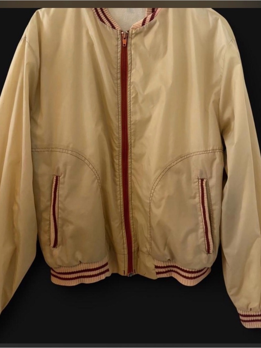 Vintage 1970s Beige Bomber Jacket with Red Trim